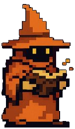 a pixellated video game wizard with glowing eyes in robes and a hat reading a book