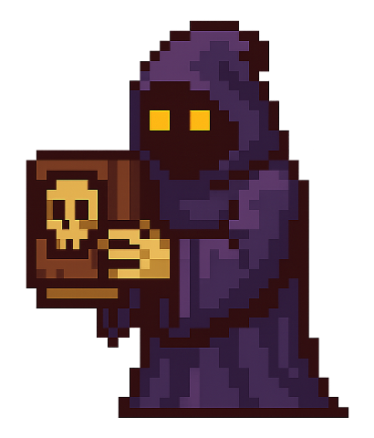 a creepy wizard in purple robes with glowing eyes, holding a book with a skull on it. arcade game style