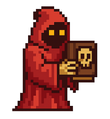 a pixelated video game style wizard in red robes, holding a book. playfun tone
