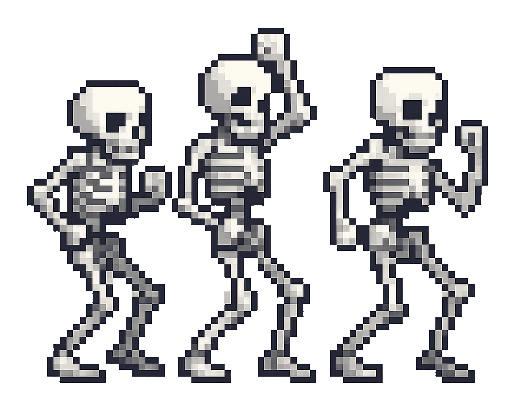 3 pixel art, video game style skeletons dancing