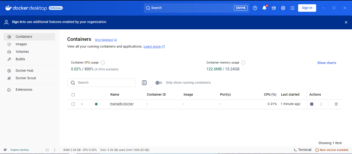 a screenshot of Docker Desktop displaying the User Interface