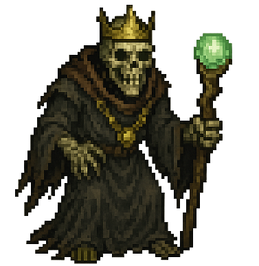 a pixel art lich wearing a crown and holding a staff with a green gem