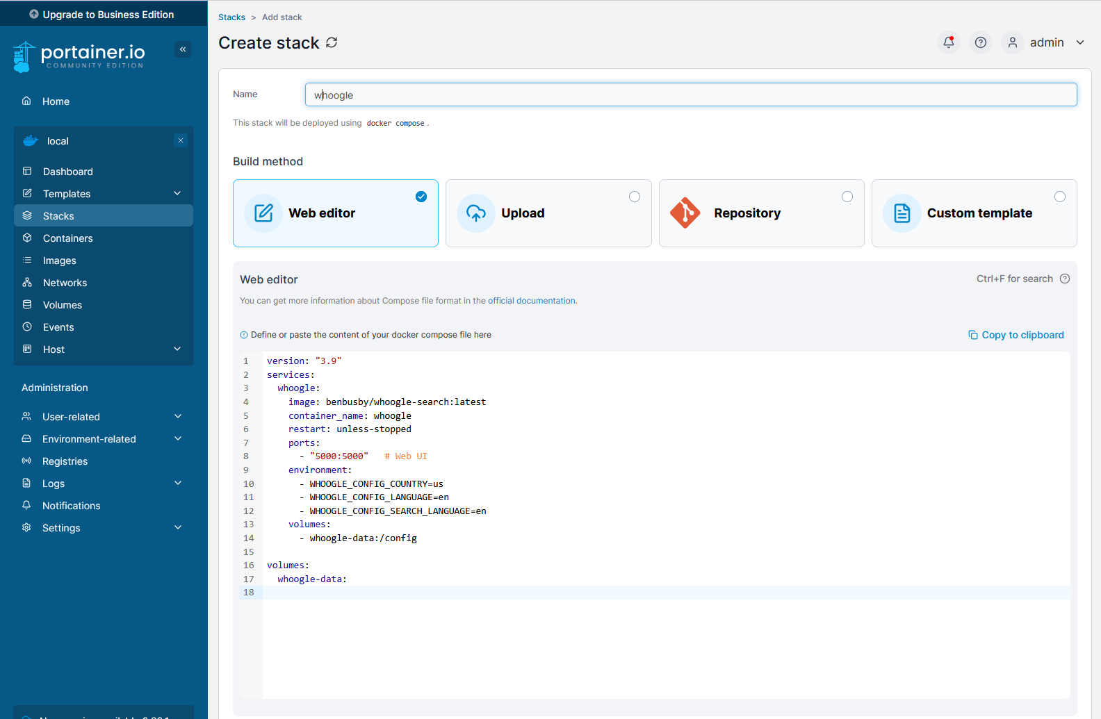 screenshot of portainer stack editor