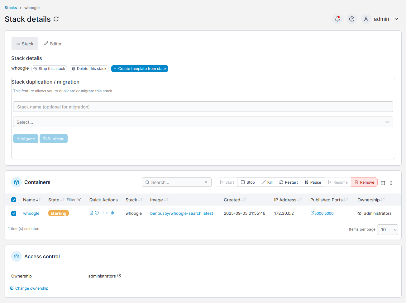 screenshot of portainers details view of our new stack