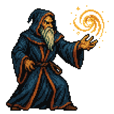a pixel art mage in blue robes casting a spell