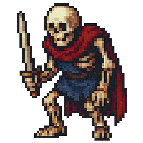 a skeletal warrior holding a sword and wearing a tattered tunic and red cape