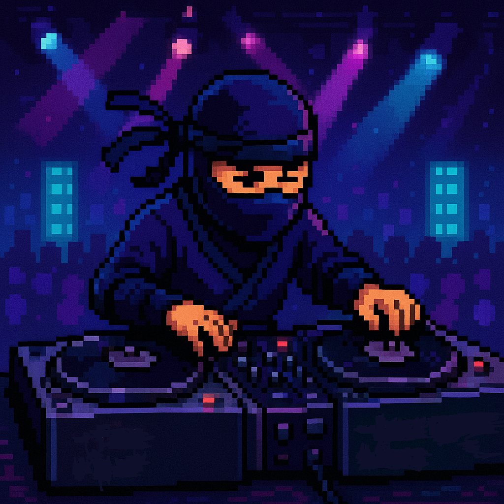 a video game style pixel art ninja dj using a pair of turntables in a club
