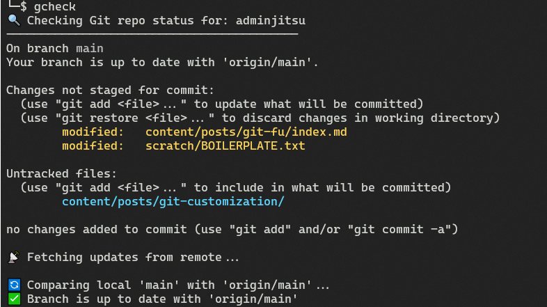 screenshot of git gcheck function output with cooldark theme applied