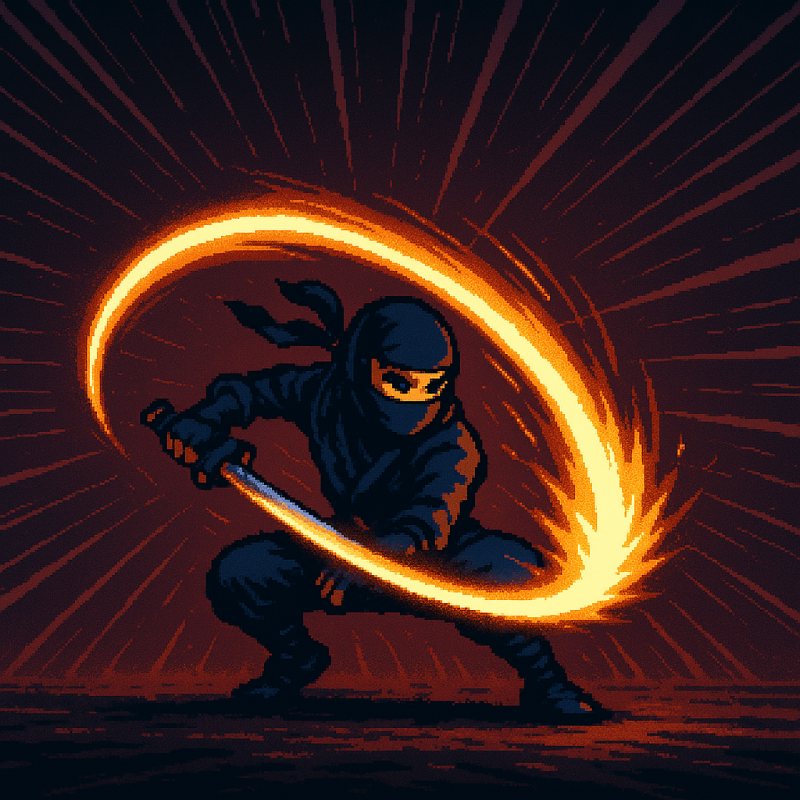 a video game style pixel art ninja slashing in a dramatic arc