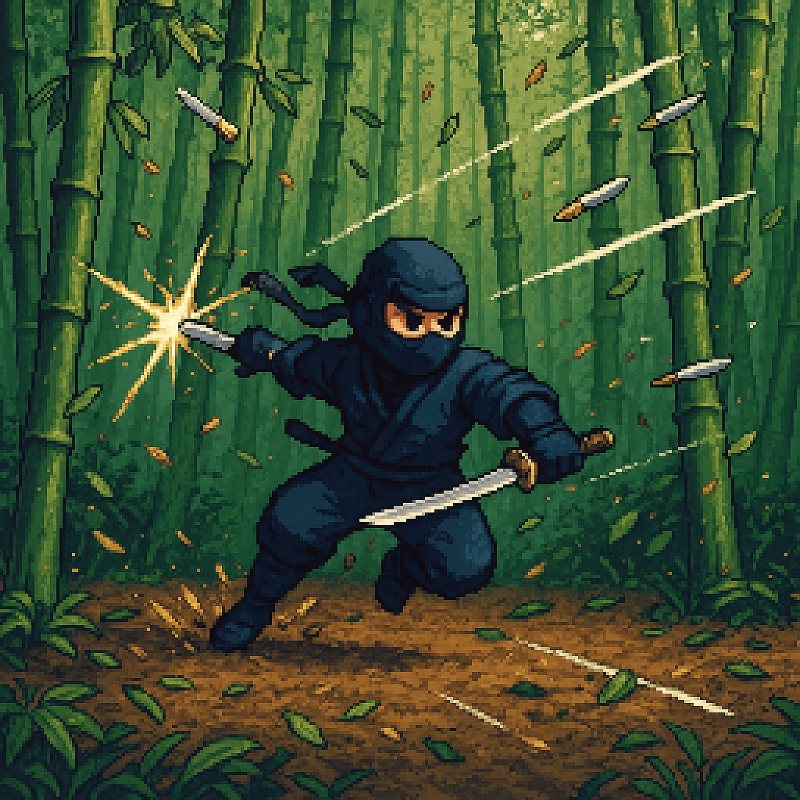 a pixel art ninja dashing through a bamboo forest in a dramatic action pose