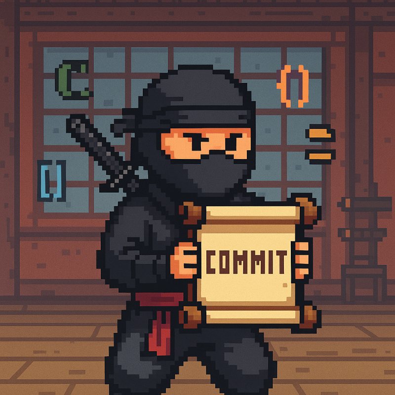 a video game style pixel art ninja holding a scroll bearing the word Commit
