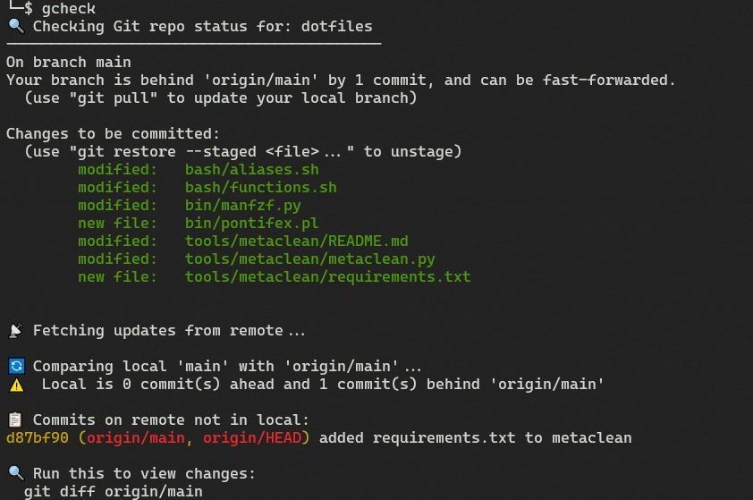 output of the gcheck function showing some files and sync issues