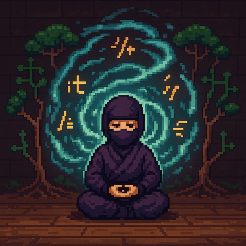 a video game style pixel art ninja seated in a meditation pose surrounded by swirling blue energy and symbols