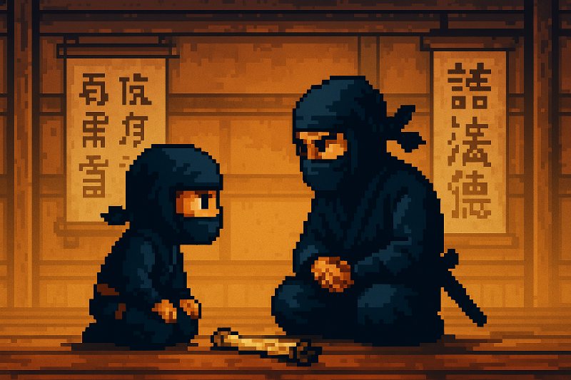 a video game style pixel art ninja and his master sitting in a dojo