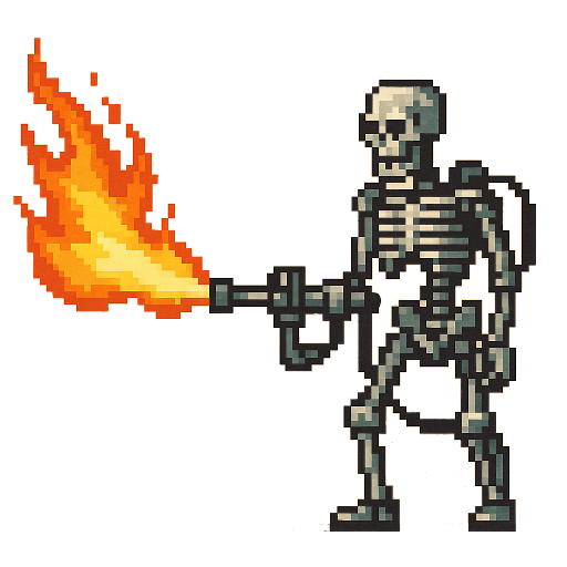 A skeleton wielding a flamethrower
