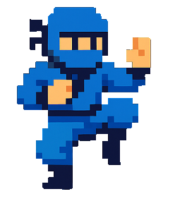 A little 8-bit arcade-style ninja in blue, mid-kick. Playful tone.