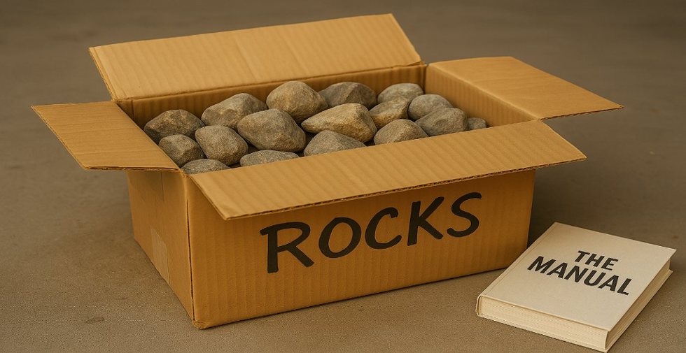 a box of rocks next to a book labeled, The Manual