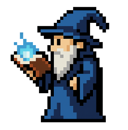 an 8-bit style wizard in blue robes holding a glowing, open book