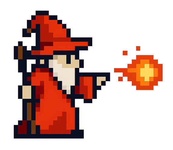 an 8-bit, arcade sprite style wizard in red casting a fireball. playful tone