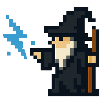 an 8-bit, arcade sprite style wizard in black robes, casting a lightning bolt. playful tone