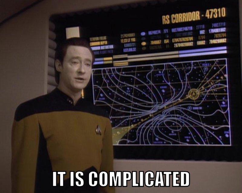 Commander Data from Star Trek in front of a display with the caption: 'It is complicated'
