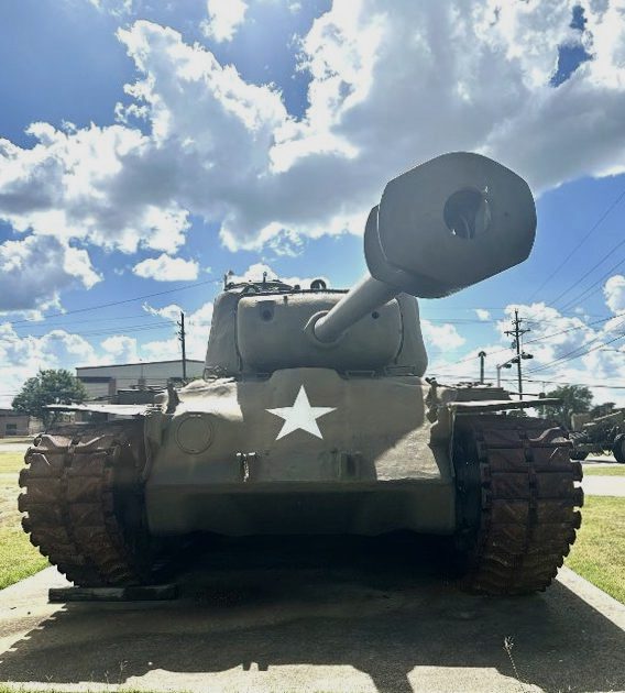 an M26 Pershing Tank on display from a dramatic angle