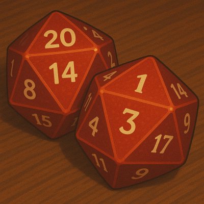 a pixel art image of a pair of 20-sided dice with a 20 and a 1 showing