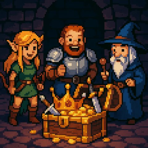 pixel art image of a party of fantasy adventurers happily gathered around a treasure chest