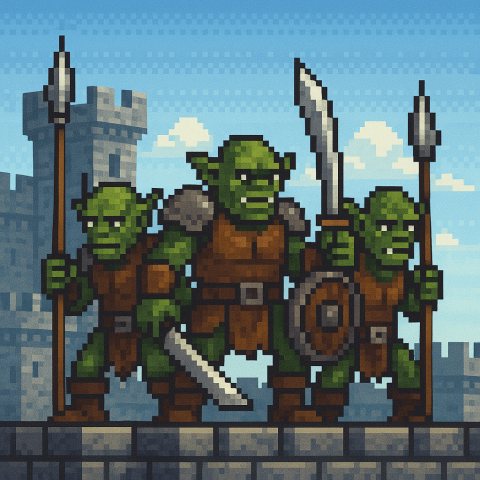 a pixel art image of 3 orcs armed with spears and swords in a dungeon setting