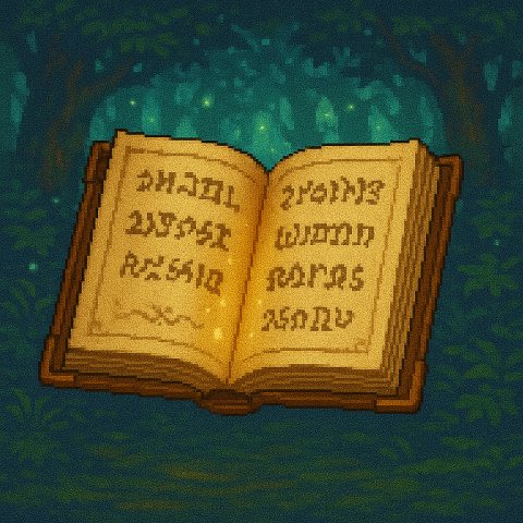 a pixel art depiction of an open book with mystical symbols