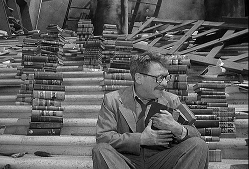 Burgess Meredith as Henry Bemis in The Twilight Zone episode 'Time Enough at Last'