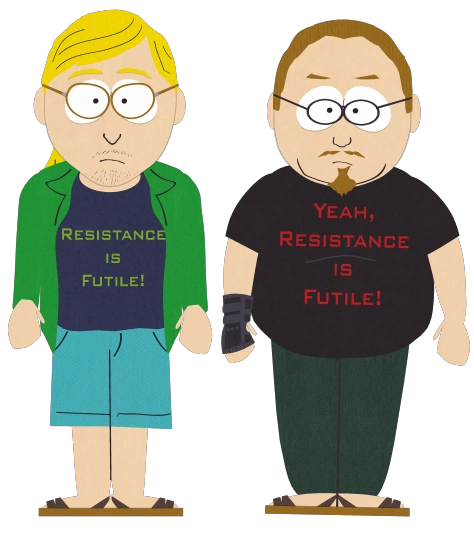 The Geeky Computer Guys — two South Park characters, both wearing shirts reading 'Resistance Is Futile'