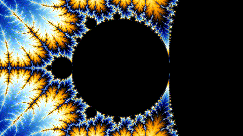 Animated zoom into the Mandelbrot set revealing repeating self-similar structure
